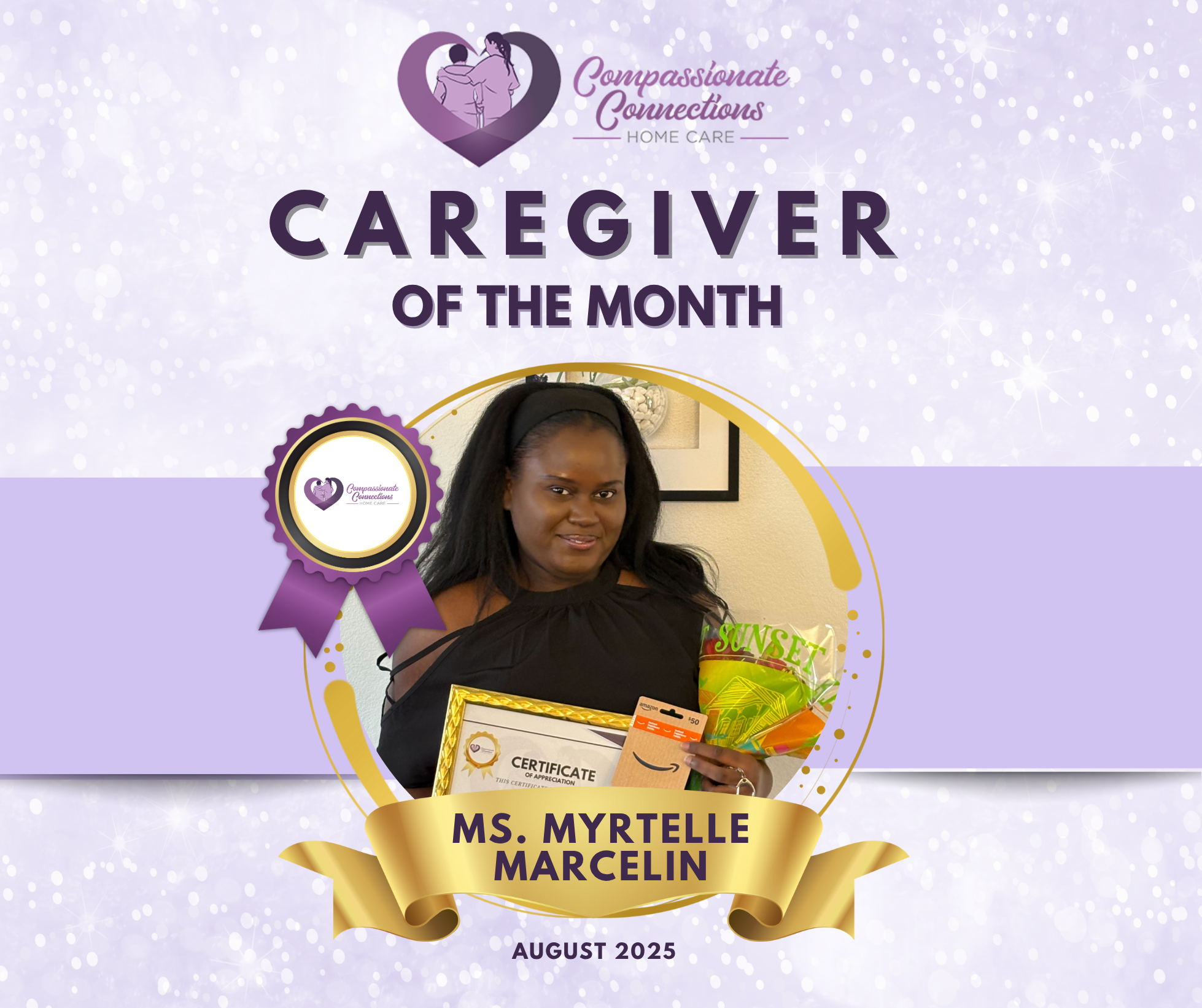 Caregiver of the Month Ms. Myrtelle Marcelin – Compassionate Connections Home Care caregiver in Tavares, Florida.