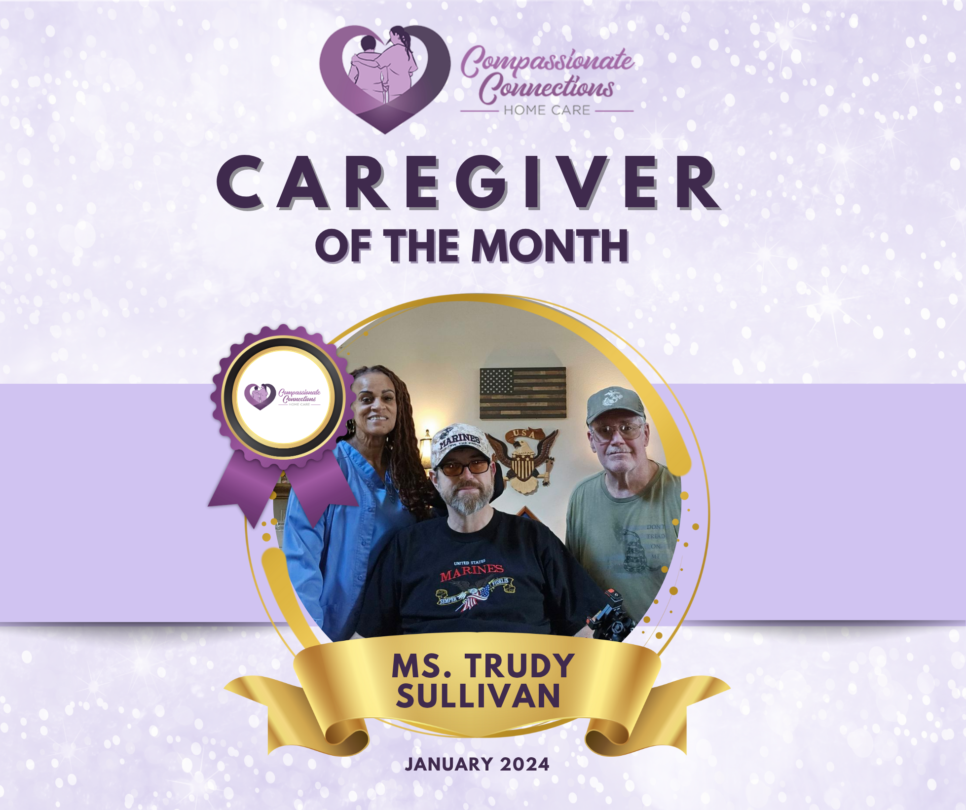 Caregiver of the Month Ms. Trudy Sullivan – Compassionate Connections Home Care caregiver in Leesburg, Florida.